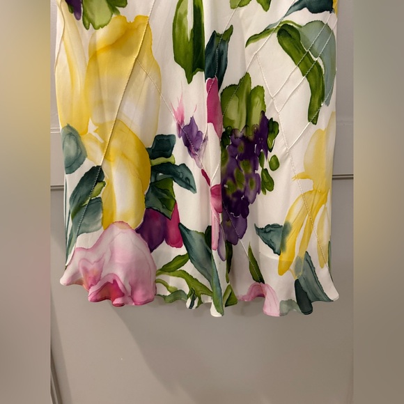 Linda Allard Floral Silk Slip Skirt in White with Yellow, Purple & Pink Blooms 8 - Picture 2 of 3